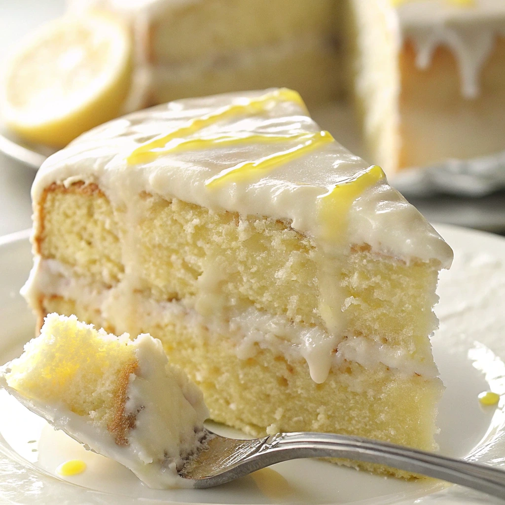 Bright yellow lemon cake batter in a glass mixing bowl with a spatula