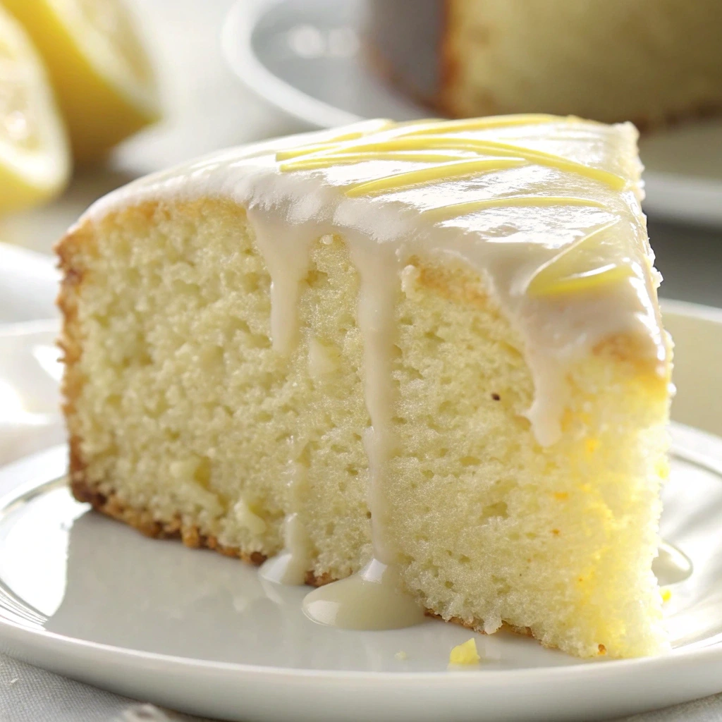 Three-layer lemon cake resting on a wire rack with fresh lemon slice garnish