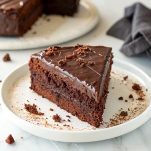 Front angle of a chocolate fudge cake slice showcasing its moist interior and smooth, glossy chocolate topping