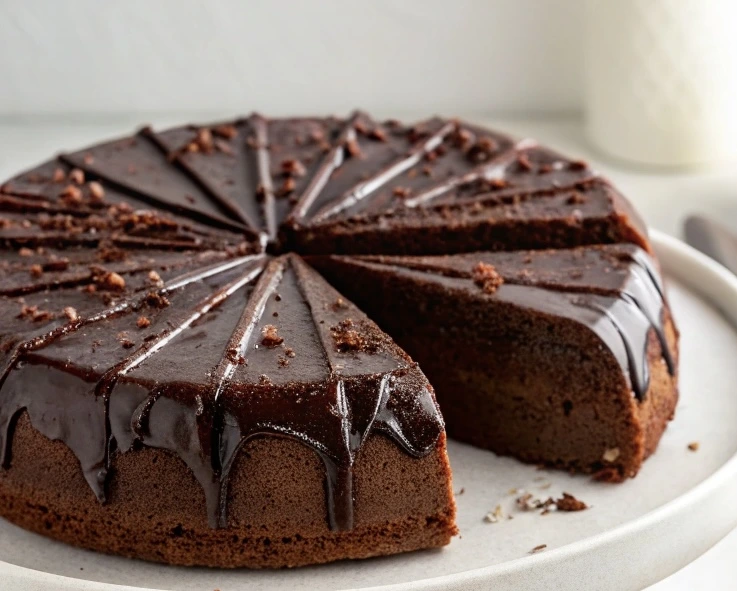 Whole chocolate fudge cake on a serving platter, sliced to reveal dense layers and shiny ganache frosting