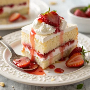 Freshly baked Strawberry Shortcake filled with juicy strawberries and whipped cream