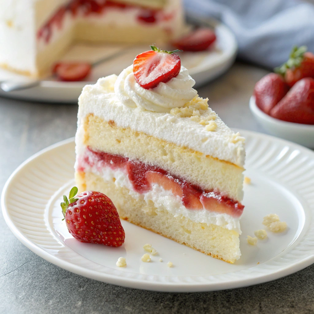 Golden shortcake biscuit sliced open and filled with strawberries and whipped cream