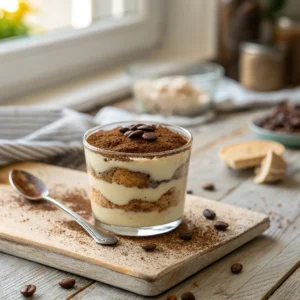 Individual tiramisu cups with cocoa powder dusted on top