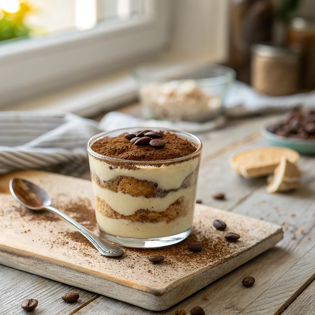 Individual tiramisu cups with cocoa powder dusted on top