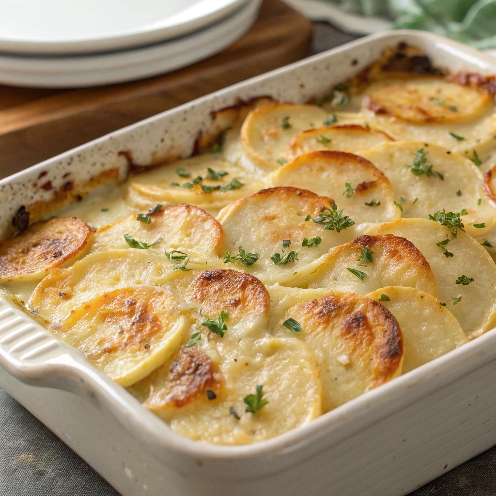 Serving a portion of scalloped potatoes with cheesy layers