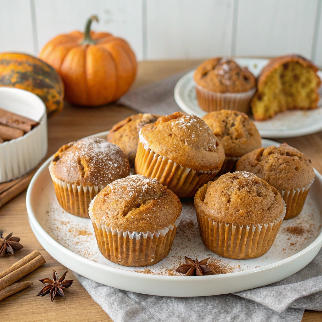 Close-up of golden pumpkin muffin tops with crackly edges