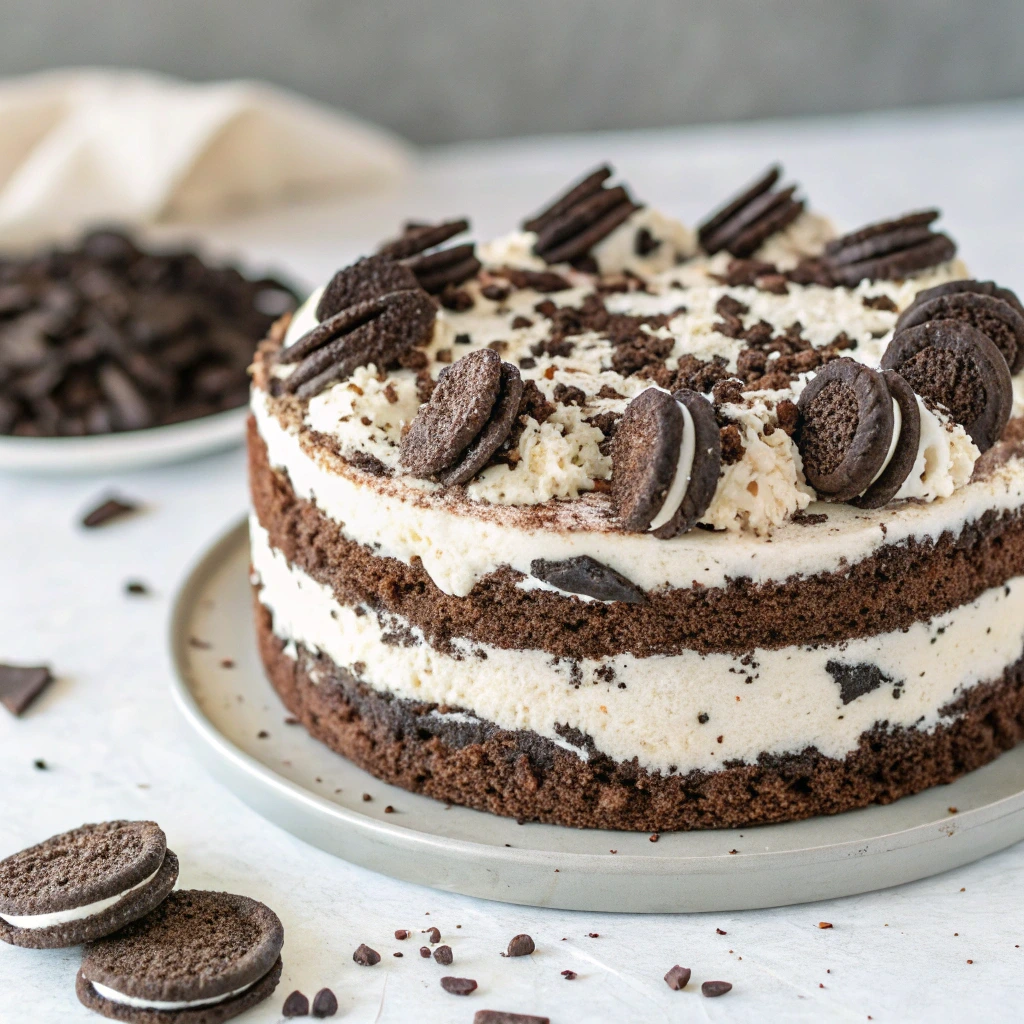 Slice of Oreo cake showing layers of cookies and cream
