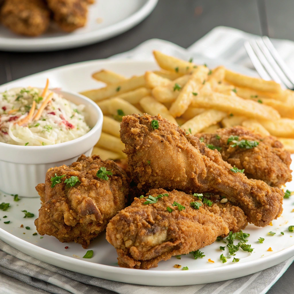 Close-up of crispy fried chicken skin with golden crust