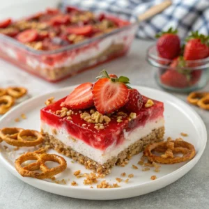 Close-up of creamy layers and fresh strawberries in strawberry pretzel salad