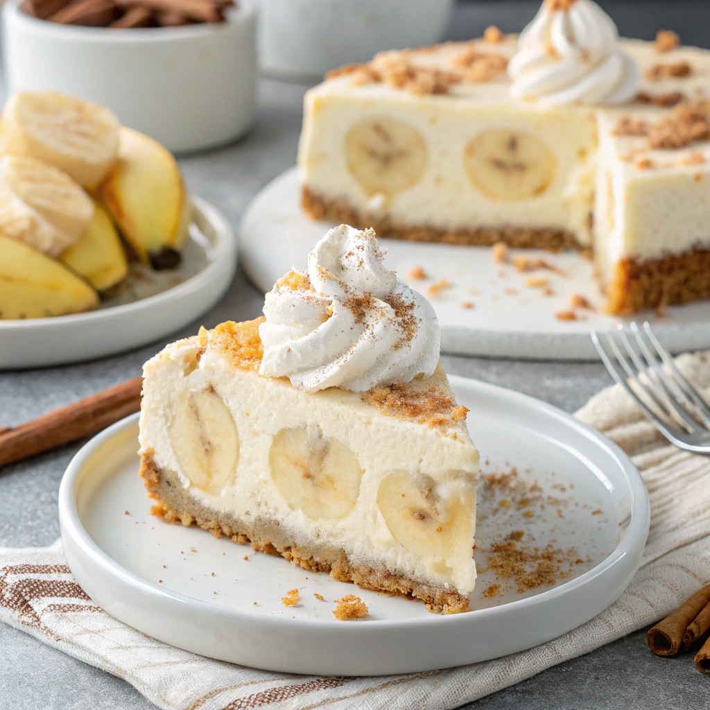 Slice of banana pudding cheesecake being served on a plate