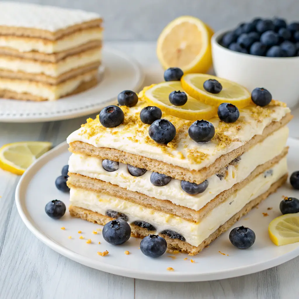 Creamy layers of lemon and blueberry in a summer icebox cake